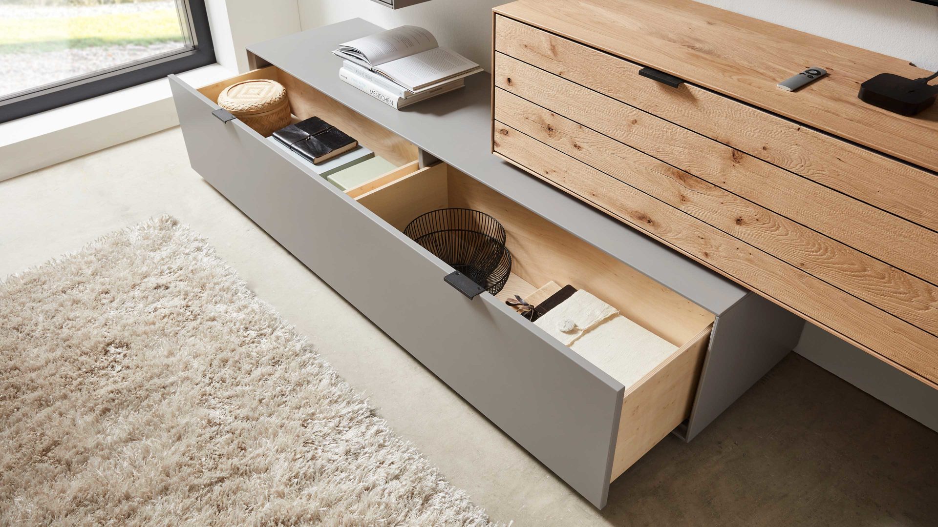 Wohnwand Wöstmann markenmöbel aus Holz in Grau WÖSTMANN Wohnprogramm WM 2380 - Wohnwand Samtgrau, Wild- & Balkeneiche - dreiteilig, Breite ca. 294 cm