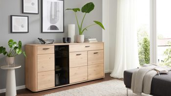 Sideboard Interliving aus Holz in Holzfarben Interliving Wohnzimmer Serie 2029 - Sideboard 40 Wildeiche & Granit-Steinoptik - vier Türen, eine Schublade, Breite ca. 178 cm
