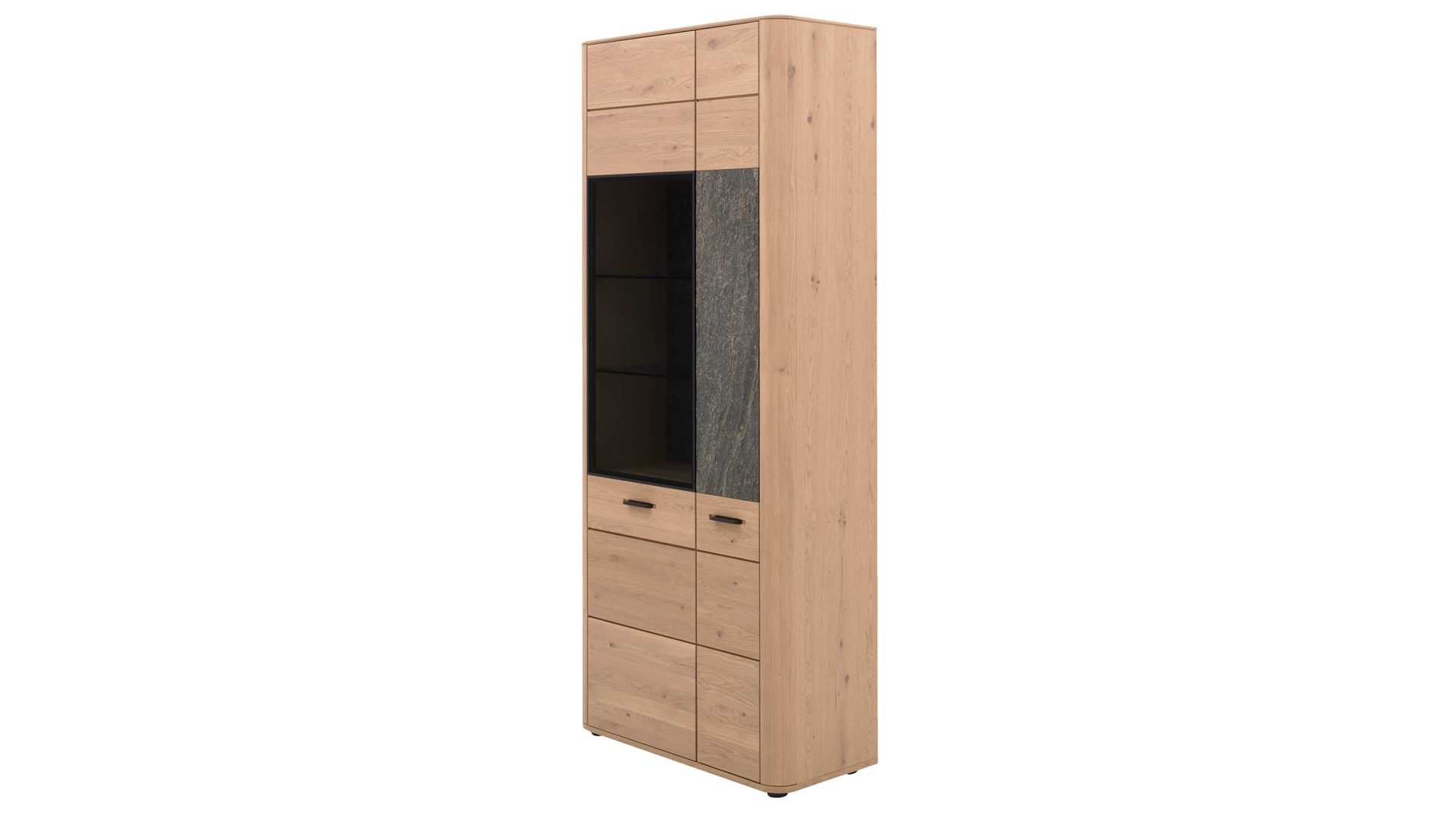 Vitrine Interliving aus Holz in Holzfarben Interliving Wohnzimmer Serie 2029 - Kombivitrine Wildeiche & Granit-Steinoptik - zwei Türen, Breite ca. 85 cm