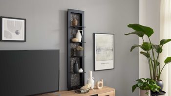 Wandregal Interliving aus Holz in Holzfarben Interliving Wohnzimmer Serie 2029 - Wandregal Mattschwarz & Granit-Steinoptik - ca. 33 x 135 cm