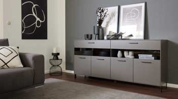 Sideboard Interliving aus Holz in Dunkelgrau Interliving Wohnzimmer Serie 2030 - Sideboard 21 Wolfram Grey & Spaltholz - vier Türen, zwei Schubladen, Breite ca. 180 cm