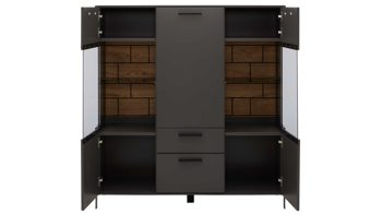 Highboard Interliving aus Holz in Dunkelgrau Interliving Wohnzimmer Serie 2030 - Highboard Wolfram Grey & Spaltholz - drei Türen, zwei Schubladen, Breite ca. 120 cm