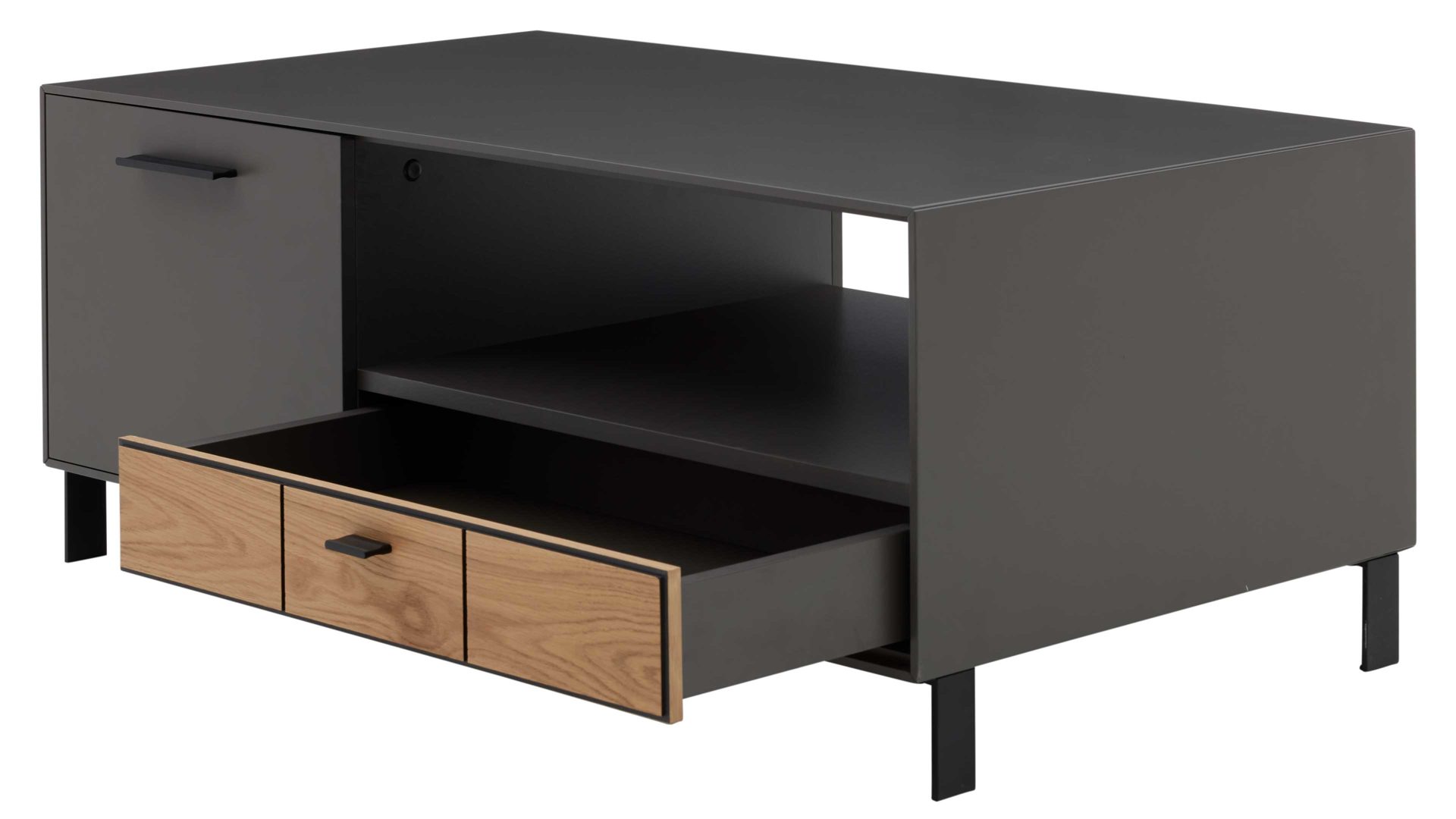 Couchtisch Interliving aus Holz in Dunkelgrau Interliving Wohnzimmer Serie 2030 - Couchtisch Wolfram Grey & Spaltholz - zwei Türen, eine Schublade, ca. 110 x 60 cm