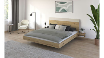 Bettgestell Rauch aus Holz in Holzfarben rauch BLUE Monza - Bettgestell mit zwei Hängenachttischen Eiche Artisan & Champagner - Liegefläche ca. 180 x 200 cm