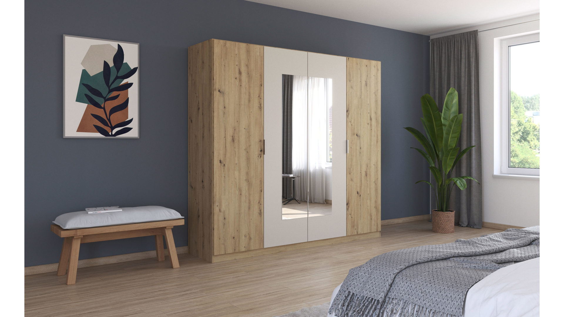 Kleiderschrank Rauch aus Holz in Holzfarben rauch BLUE Monza - Drehtürenschrank Spiegel & Eiche Artisan - Breite ca. 226 cm