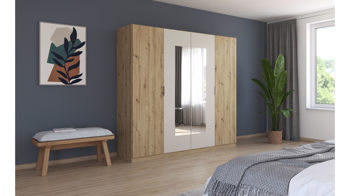 Kleiderschrank Rauch aus Holz in Holzfarben rauch BLUE Monza - Drehtürenschrank Spiegel & Eiche Artisan - Breite ca. 226 cm