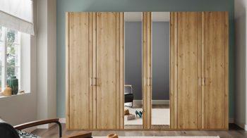 Kleiderschrank Wiemann | oeseder aus Holz in Holzfarben WIEMANN Schlafzimmerserie Mainau 2 - Kleiderschrank Bianco Eiche & Spiegel - sechs Türen, Breite ca. 300 cm