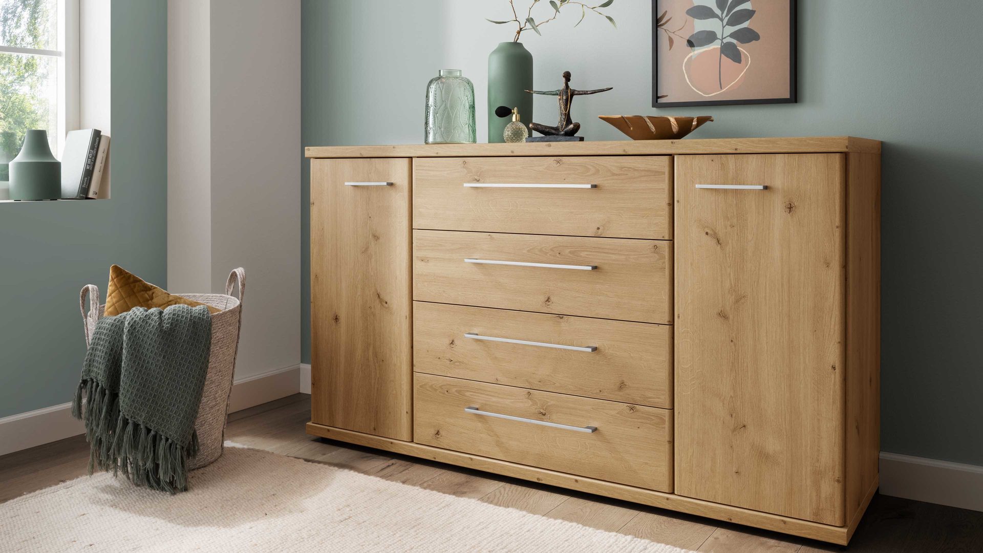 Kombikommode Wiemann | oeseder aus Holz in Holzfarben WIEMANN Schlafzimmerserie Mainau 2 - Kombikommode Bianco Eiche - zwei Türen, vier Schubladen, Breite ca. 149 cm
