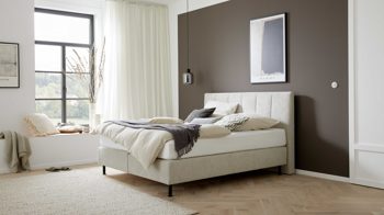 Boxspringbett Interliving aus Stoff in Beige Interliving Boxspringbett Serie 1418 - Boxspringbett mit gestepptem Kopfteil naturfarbener Webstoff Famosa – Liegefläche ca. 180 x 200 cm