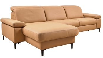 Ecksofa Interliving aus Stoff in Orange Interliving Sofa Serie 4064 - Ecksofa kurkumafarbene Mikrofaser Galero Punto & Fuß W003-01 - Stellfläche ca. 275 x 176 cm