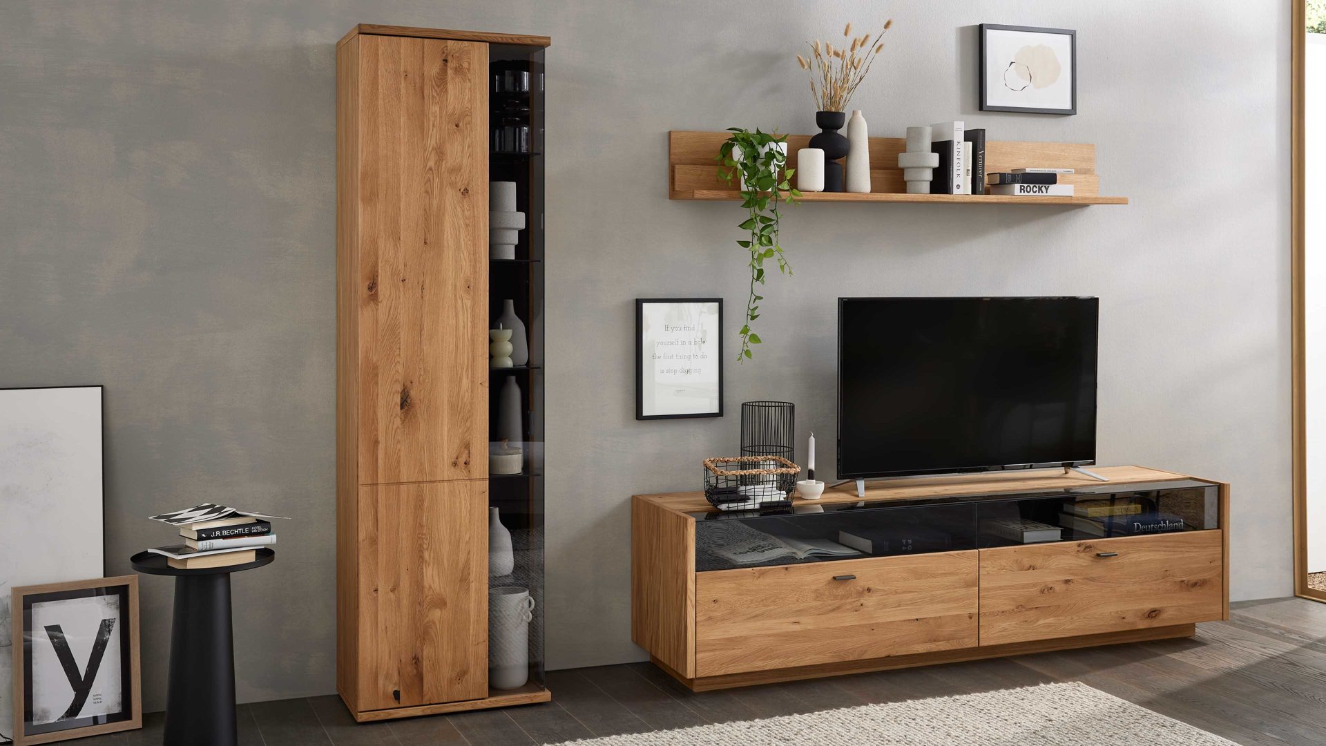 Wohnwand Interliving aus Holz in Holzfarben Interliving Wohnzimmer Serie 2027 - Wohnwand 29 Asteiche - dreiteilig, Breite ca. 286 cm