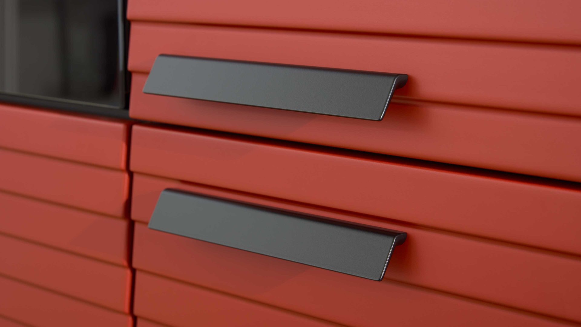 Einbauküche WERT KÜCHE® aus Holz in Schwarz WERT KÜCHE® Nora mit AEG Einbaugeräten Lavaschwarz & Herbstrot - Länge ca. 510 cm