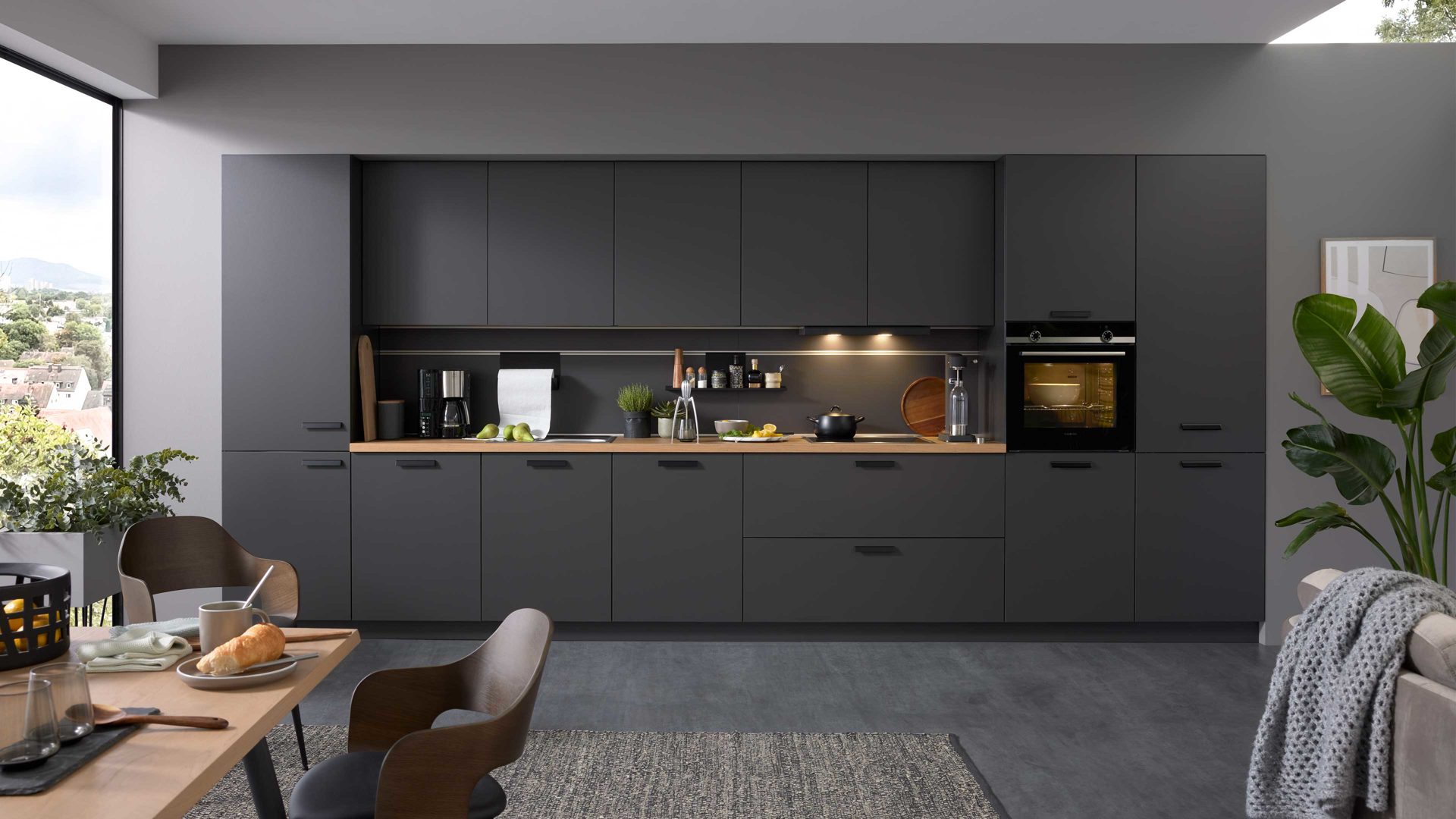 Einbauküche WERT KÜCHE® aus Holz in Schwarz WERT KÜCHE® Nora mit SIEMENS Einbaugeräten Lavaschwarz - Länge ca. 480 cm