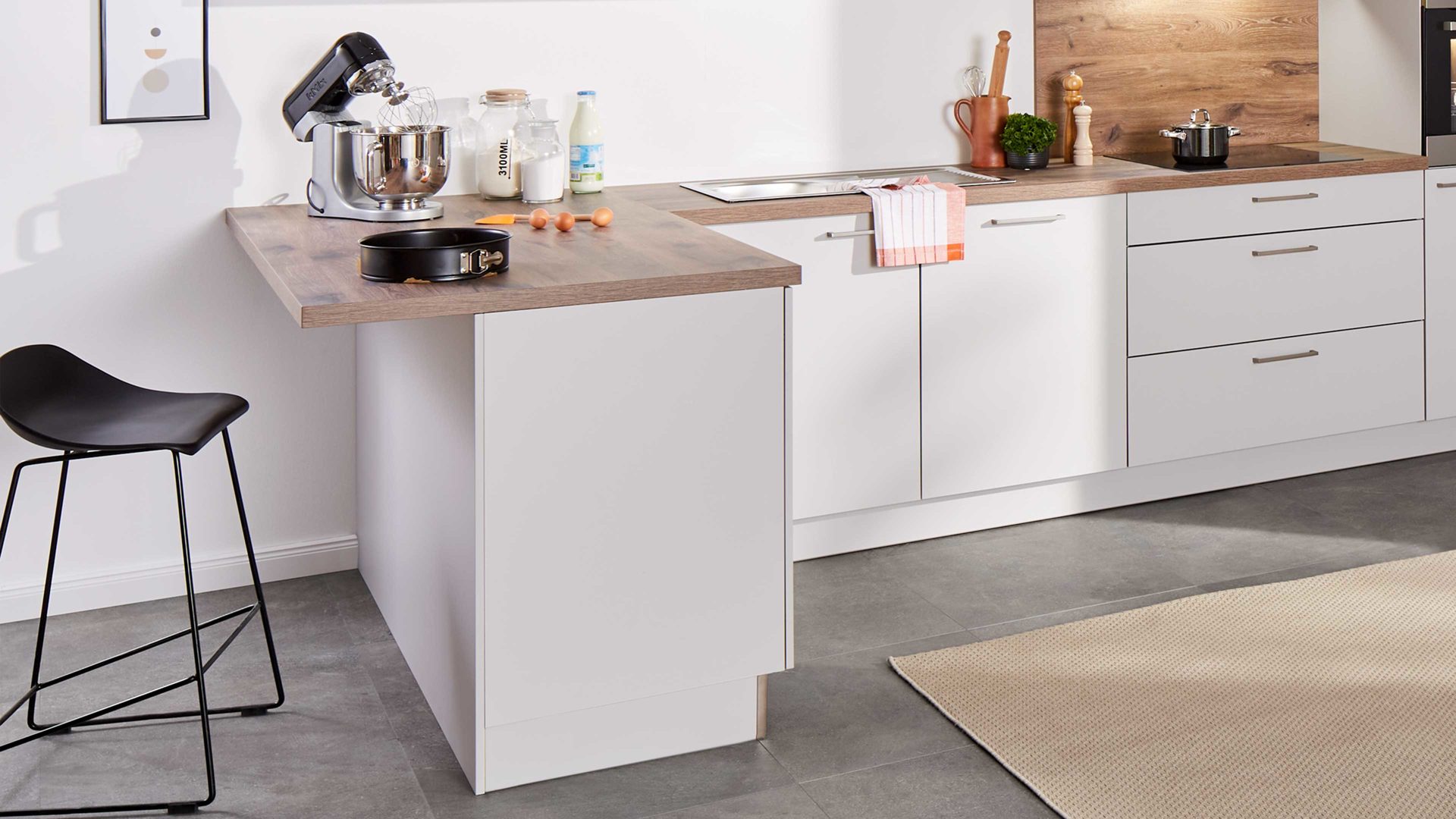 Einbauküche Express küchen aus Holz in Hellgrau EXPRESS KÜCHEN Einbauküche Win mit Einbaugeräten Hellgrau & Eiche braun - Stellfläche ca. 405 x 250 cm