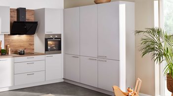 Einbauküche Express küchen aus Holz in Hellgrau EXPRESS KÜCHEN Einbauküche Win mit Einbaugeräten Hellgrau & Eiche braun - Stellfläche ca. 405 x 250 cm