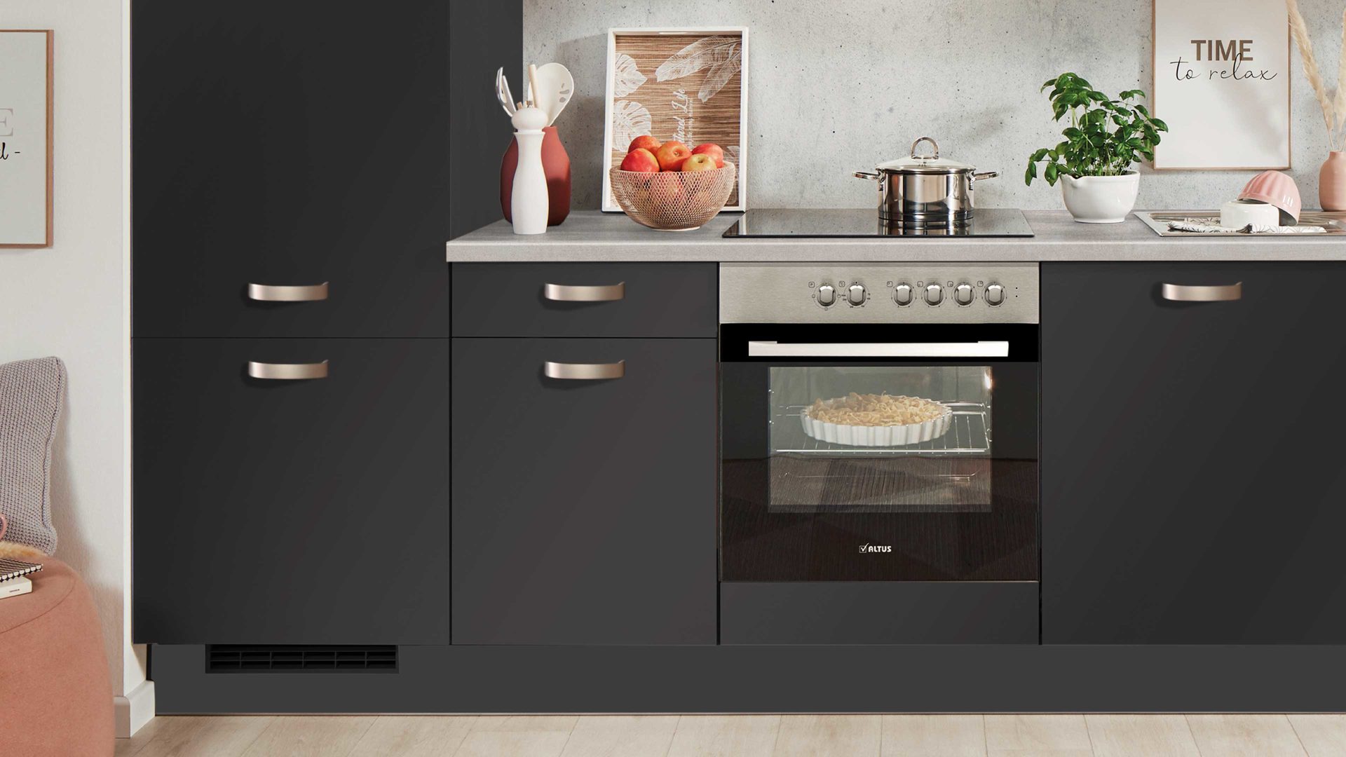 Einbauküche Pino aus Holz in Schwarz pino Einbauküche inklusive Einbaugeräte Grafit & Beton Weißgrau - Länge ca. 280 cm