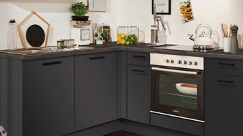 Einbauküche Pino aus Holz in Dunkelgrau pino Einbauküche inklusive Einbaugeräte Grafit & Alux Gold - Stellfläche ca. 185 x 255 cm