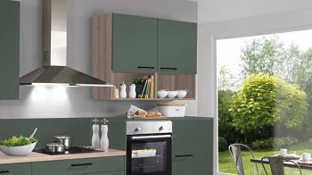 Einbauküche Pino aus Holz in Grün pino Einbauküche inklusive Einbaugeräte Verde & Tanne Clay - Länge ca. 343 cm