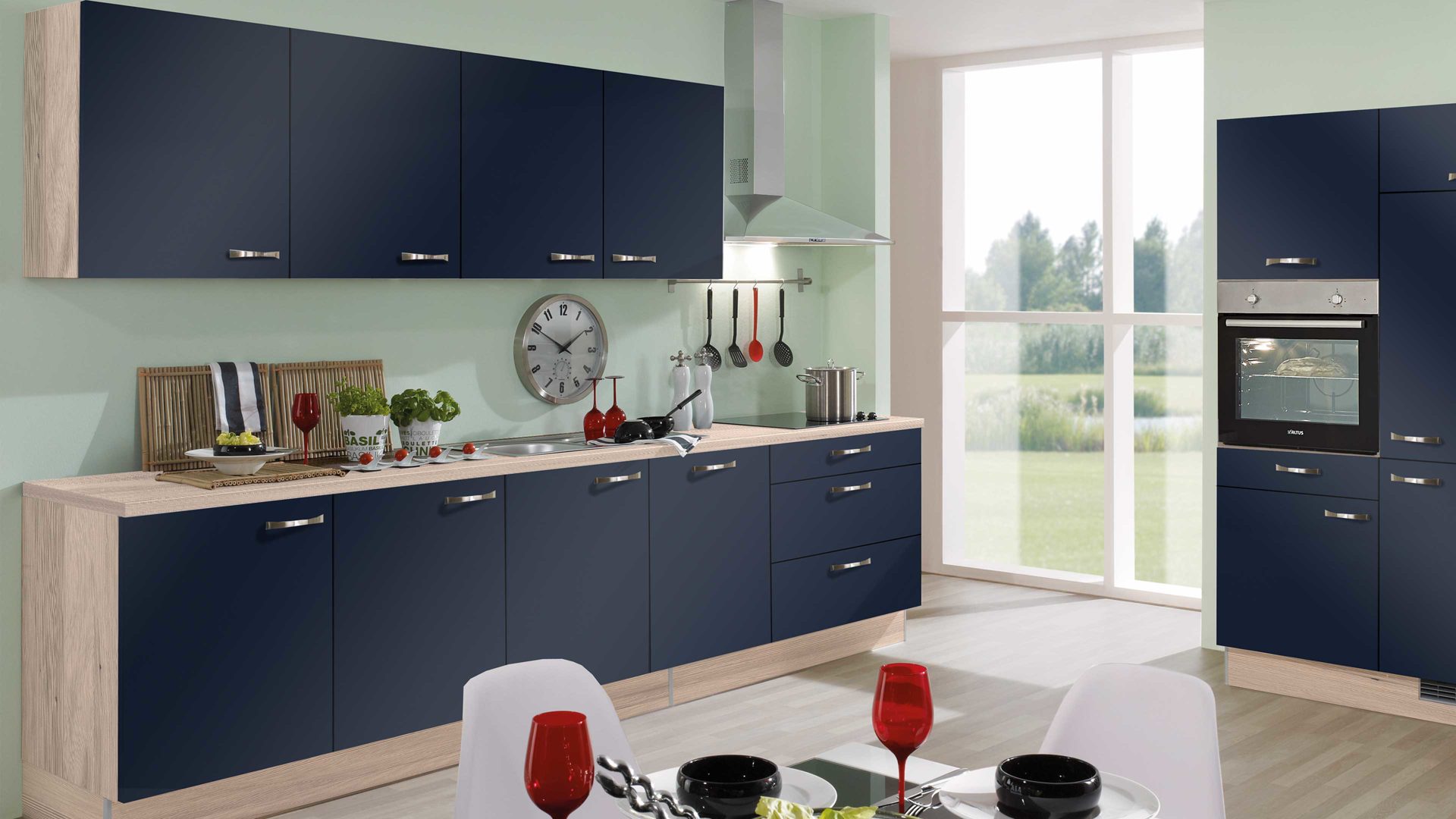 Einbauküche Pino aus Holz in Dunkelblau pino Einbauküche inklusive Einbaugeräte Indigoblau & Tanne Clay - zweizeilig