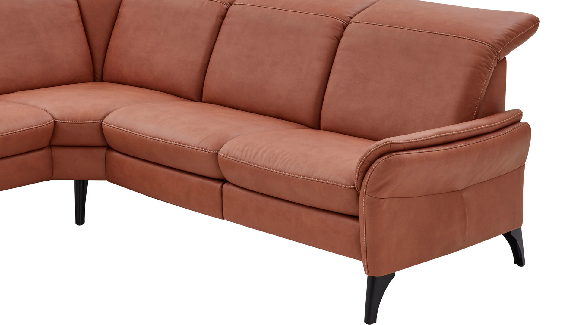 Ecksofa Steinpol polsteria aus Stoff in Orange Polsterprogramm Relaxa Trend 2.0 - Ecksofa cognacfarbener Bezug Kevin & Schwarz - Stellfläche ca. 239 x 271 cm
