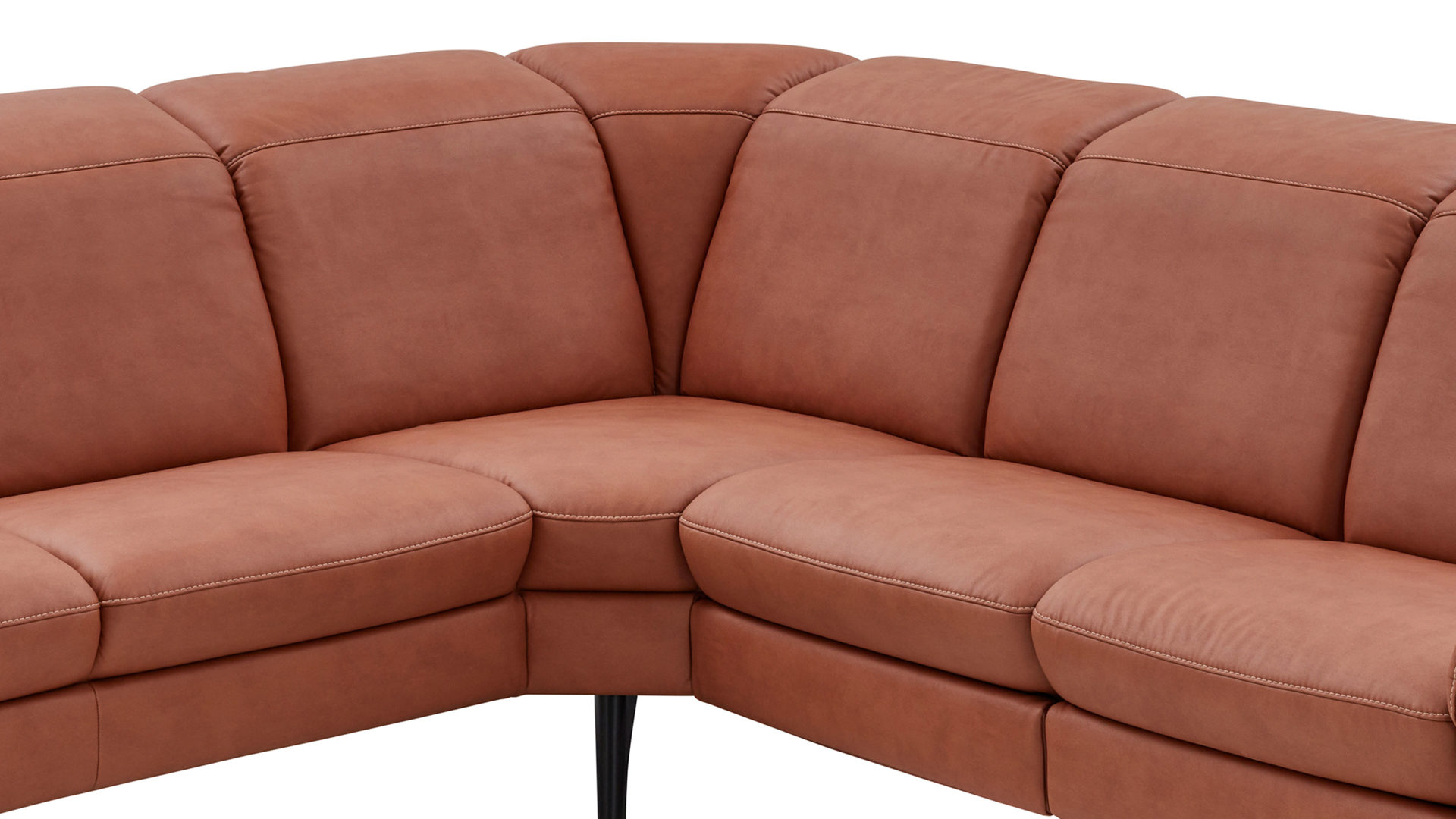 Ecksofa Steinpol polsteria aus Stoff in Orange Polsterprogramm Relaxa Trend 2.0 - Ecksofa cognacfarbener Bezug Kevin & Schwarz - Stellfläche ca. 239 x 271 cm