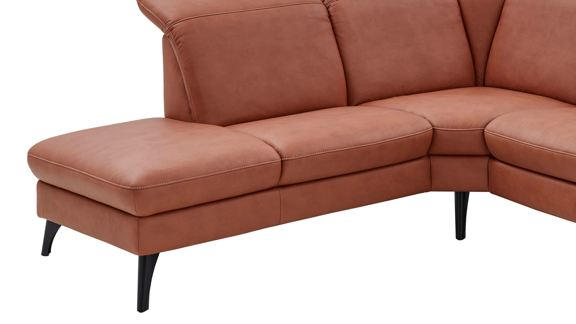 Ecksofa Steinpol polsteria aus Stoff in Orange Polsterprogramm Relaxa Trend 2.0 - Ecksofa cognacfarbener Bezug Kevin & Schwarz - Stellfläche ca. 239 x 271 cm