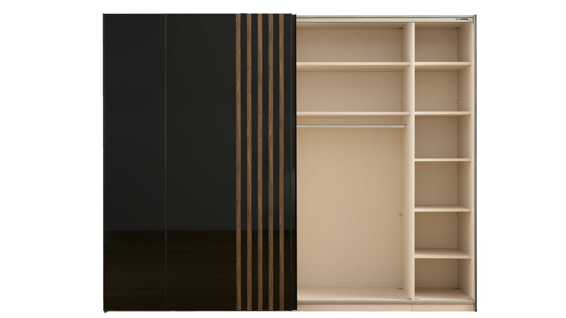 Kleiderschrank Interliving aus Holz in Schwarz Interliving Kleiderschrank Serie 1208 - Schwebetürenschrank 98431 Schwarzglas & Atlantic Eiche - zwei Türen, Breite ca. 270 cm