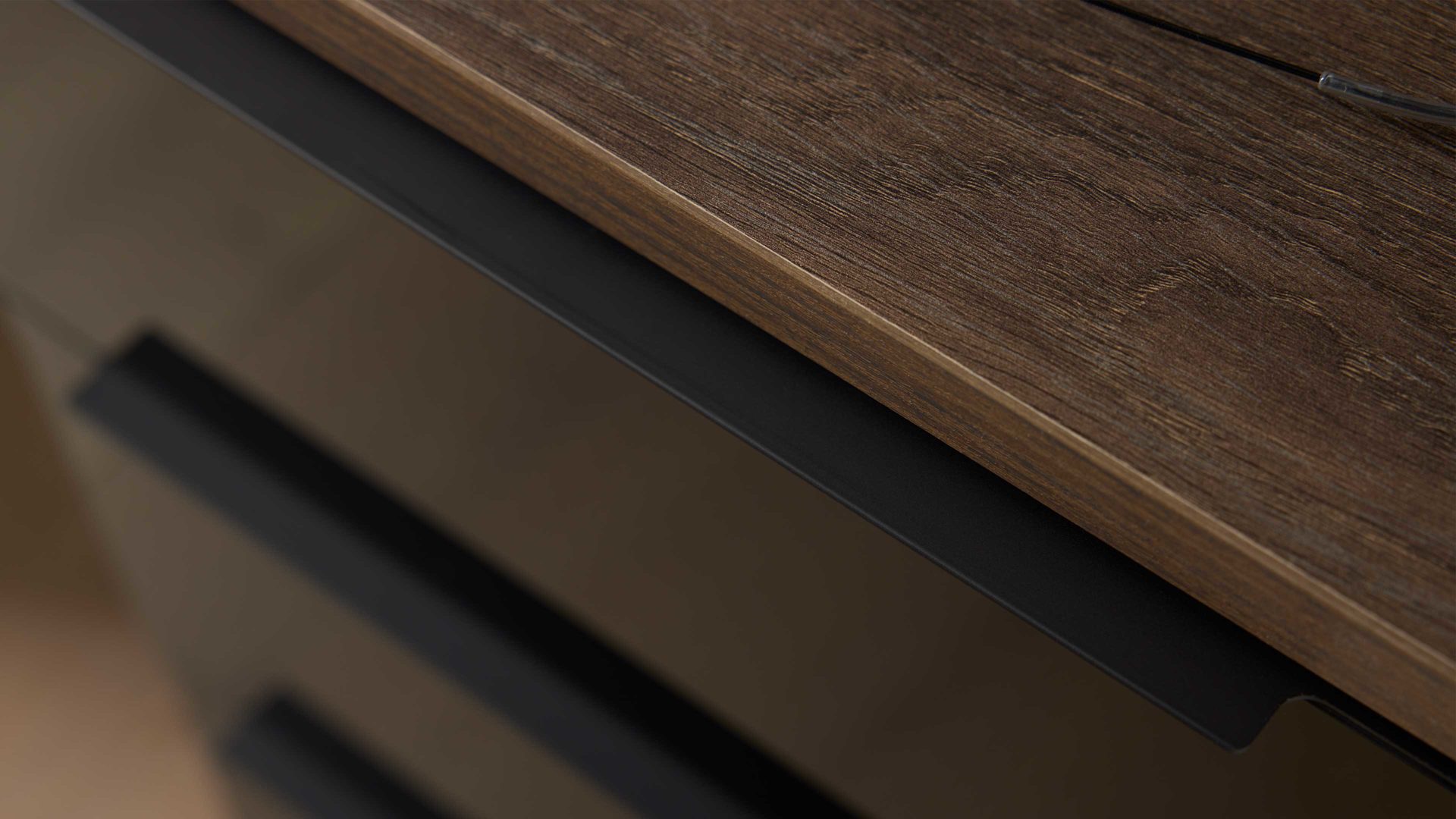 Nachtkommode Interliving aus Holz in Schwarz Interliving Kleiderschrank Serie 1208 - Nachtkommode Schwarzglas & Atlantic Eiche - drei Schubladen, Breite ca. 40 cm