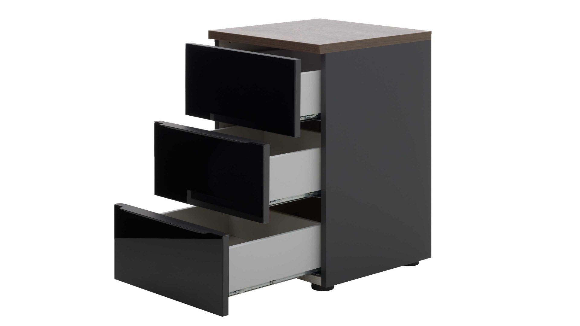 Nachtkommode Interliving aus Holz in Schwarz Interliving Kleiderschrank Serie 1208 - Nachtkommode 86719 Schwarzglas & Atlantic Eiche - drei Schubladen, Breite ca. 40 cm