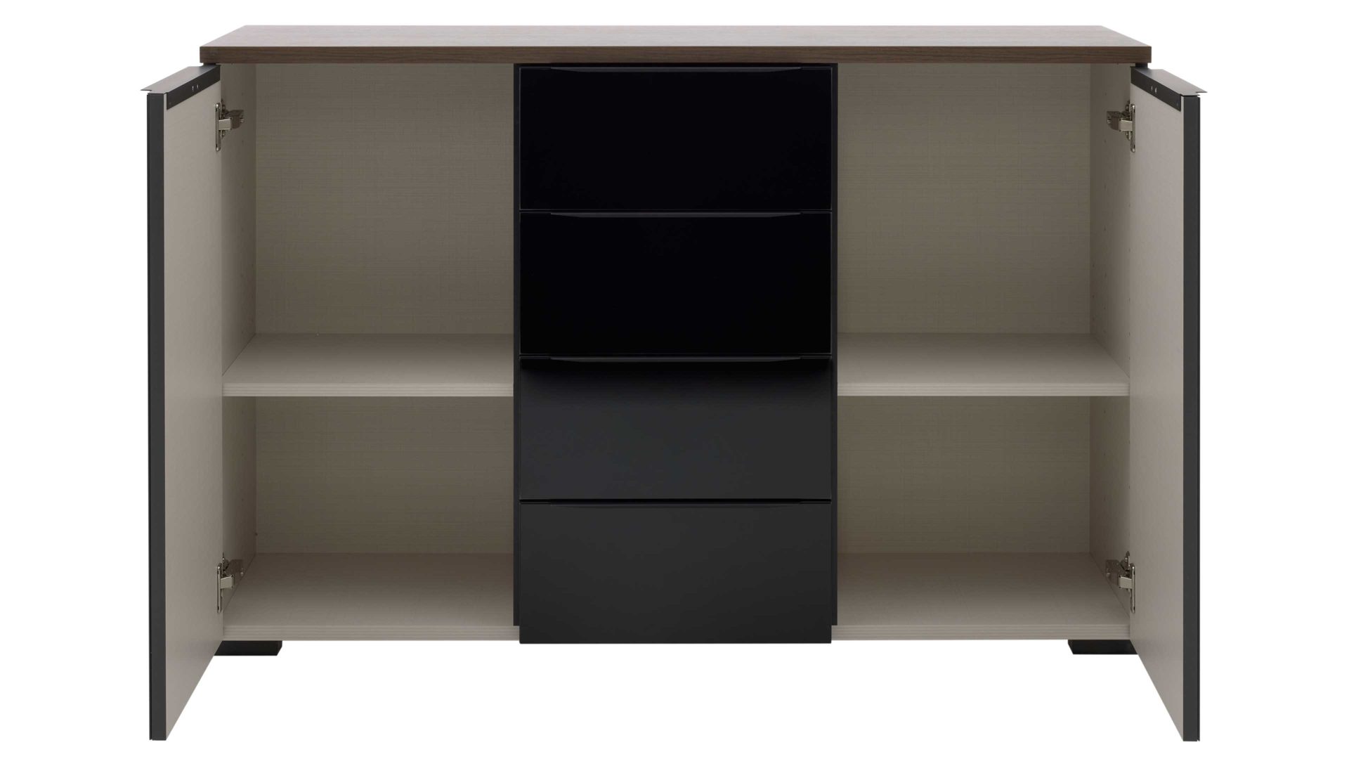 Kombikommode Interliving aus Holz in Schwarz Interliving Kleiderschrank Serie 1208 - Kombikommode Schwarzglas & Atlantic Eiche - zwei Türen, vier Schubladen, Breite ca. 120 cm
