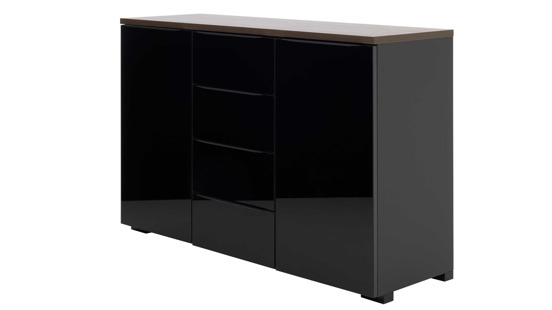 Kombikommode Interliving aus Holz in Schwarz Interliving Kleiderschrank Serie 1208 - Kombikommode Schwarzglas & Atlantic Eiche - zwei Türen, vier Schubladen, Breite ca. 120 cm