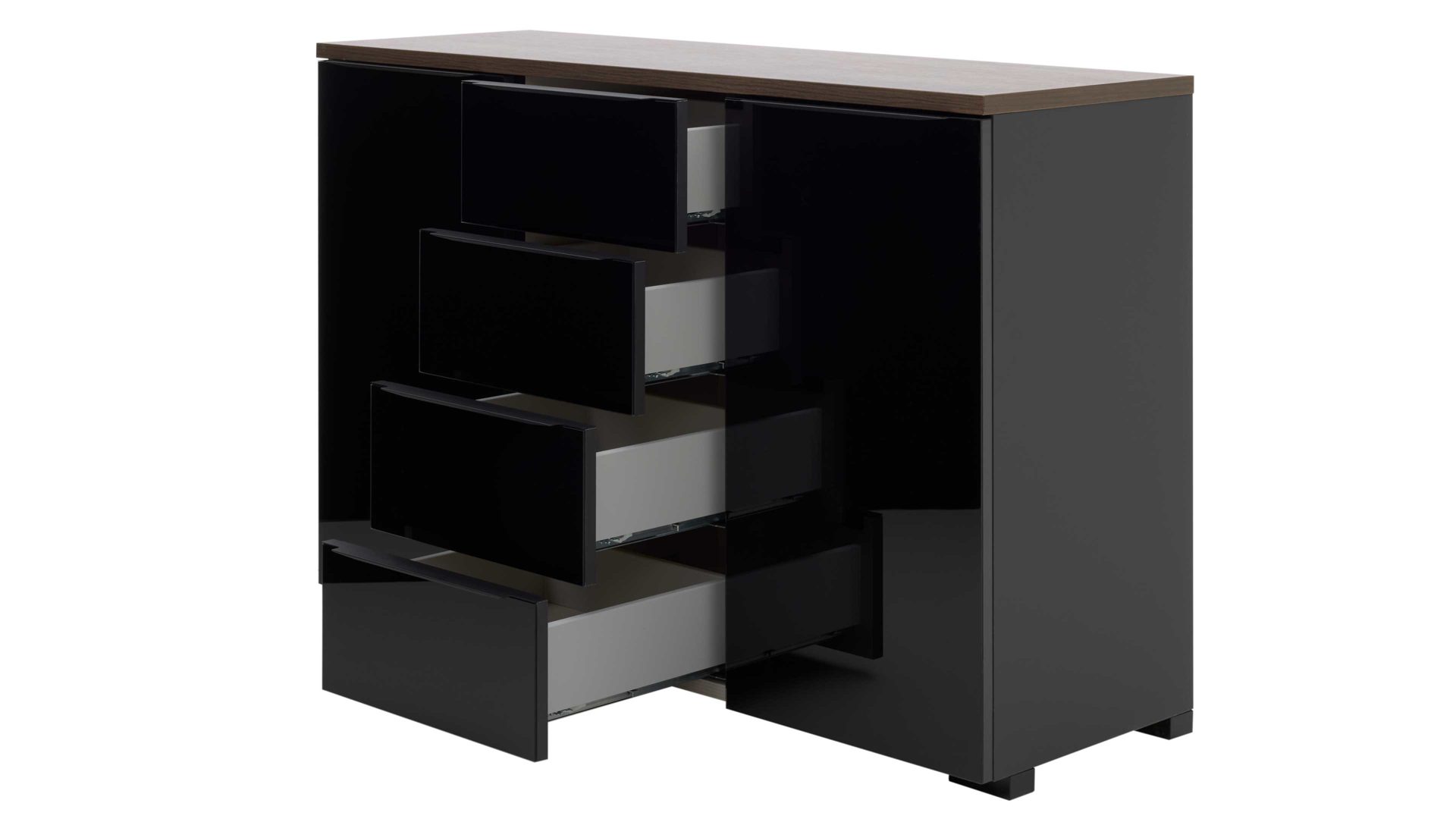 Kombikommode Interliving aus Holz in Schwarz Interliving Kleiderschrank Serie 1208 - Kombikommode 91608 Schwarzglas & Atlantic Eiche - zwei Türen, vier Schubladen, Breite ca. 120 cm
