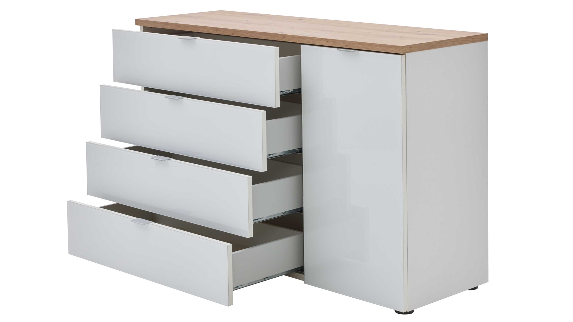 Kombikommode Interliving aus Holz in Weiß Interliving Kleiderschrank Serie 1208 - Kombikommode alpinweißes Glas & Artisan Eiche - eine Tür, vier Schubladen, Breite ca. 120 cm