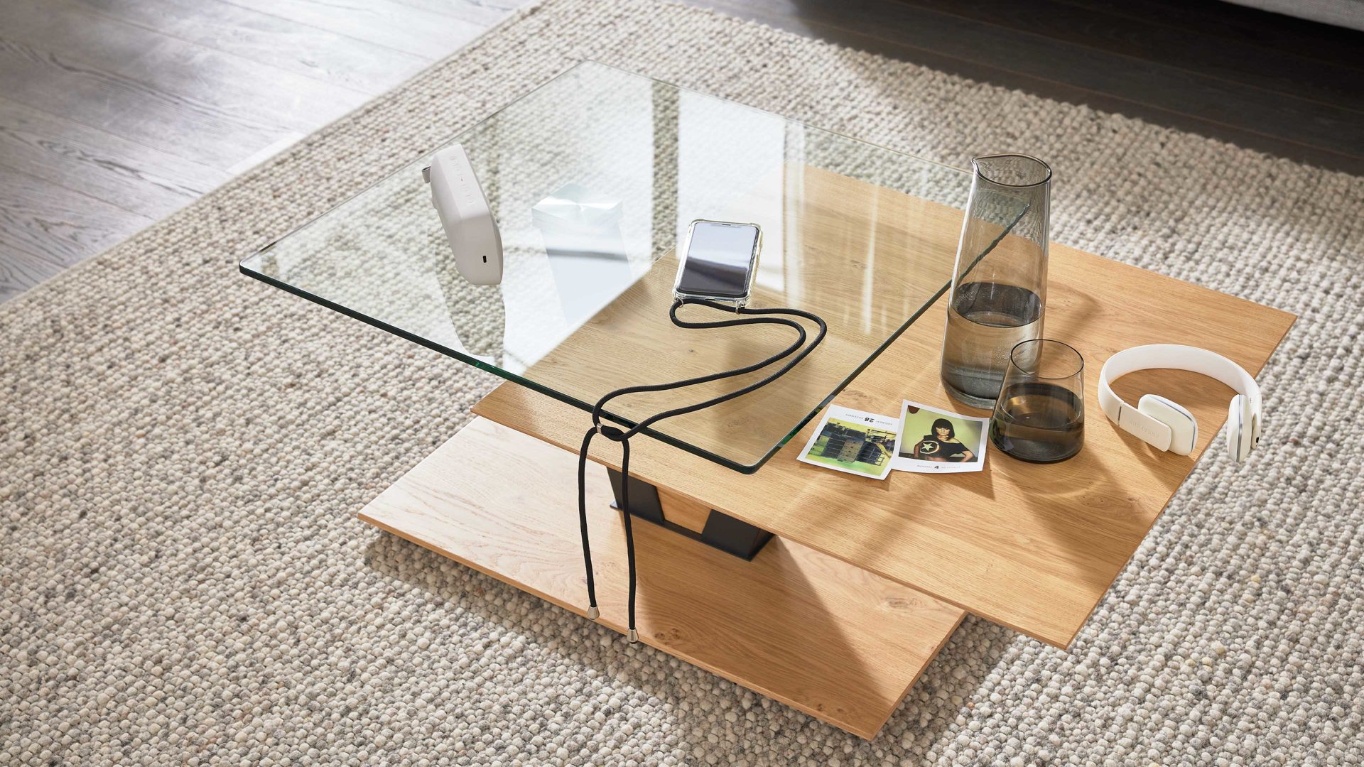 Couchtisch Interliving aus Holz in Holzfarben Interliving Couchtisch Serie 6224 - Couchtisch Klarglas & Wildeiche - ca. 118 x 65 cm