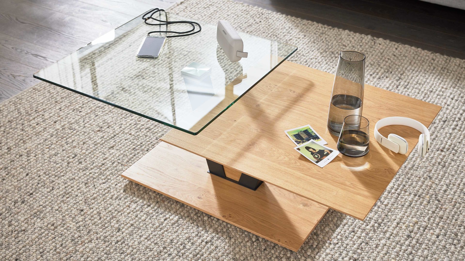 Couchtisch Interliving aus Holz in Holzfarben Interliving Couchtisch Serie 6224 - Couchtisch Klarglas & Wildeiche - ca. 118 x 65 cm