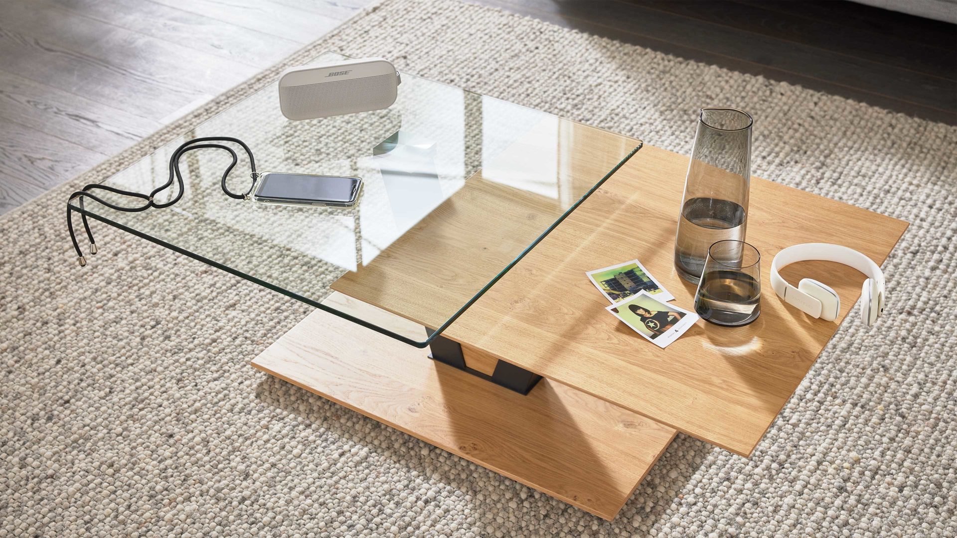 Couchtisch Interliving aus Holz in Holzfarben Interliving Couchtisch Serie 6224 - Couchtisch Klarglas & Wildeiche - ca. 118 x 65 cm