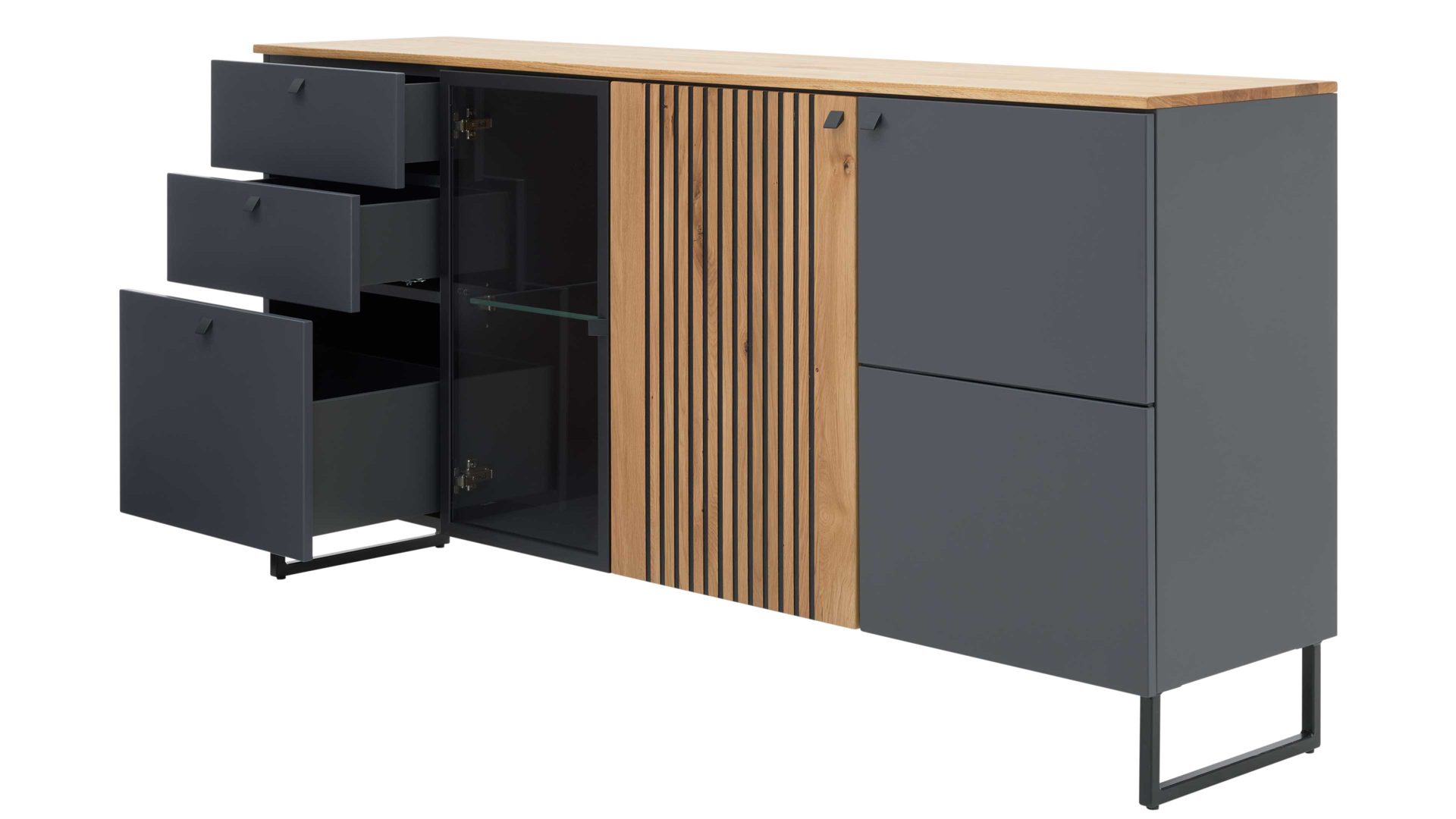 Sideboard Interliving aus Holz in Dunkelgrau Interliving Esszimmer Serie 5605 – Sideboard quarzgrauer Lack & Charakter-Eiche - drei Türen, drei Schubladen, Breite ca. 183 cm