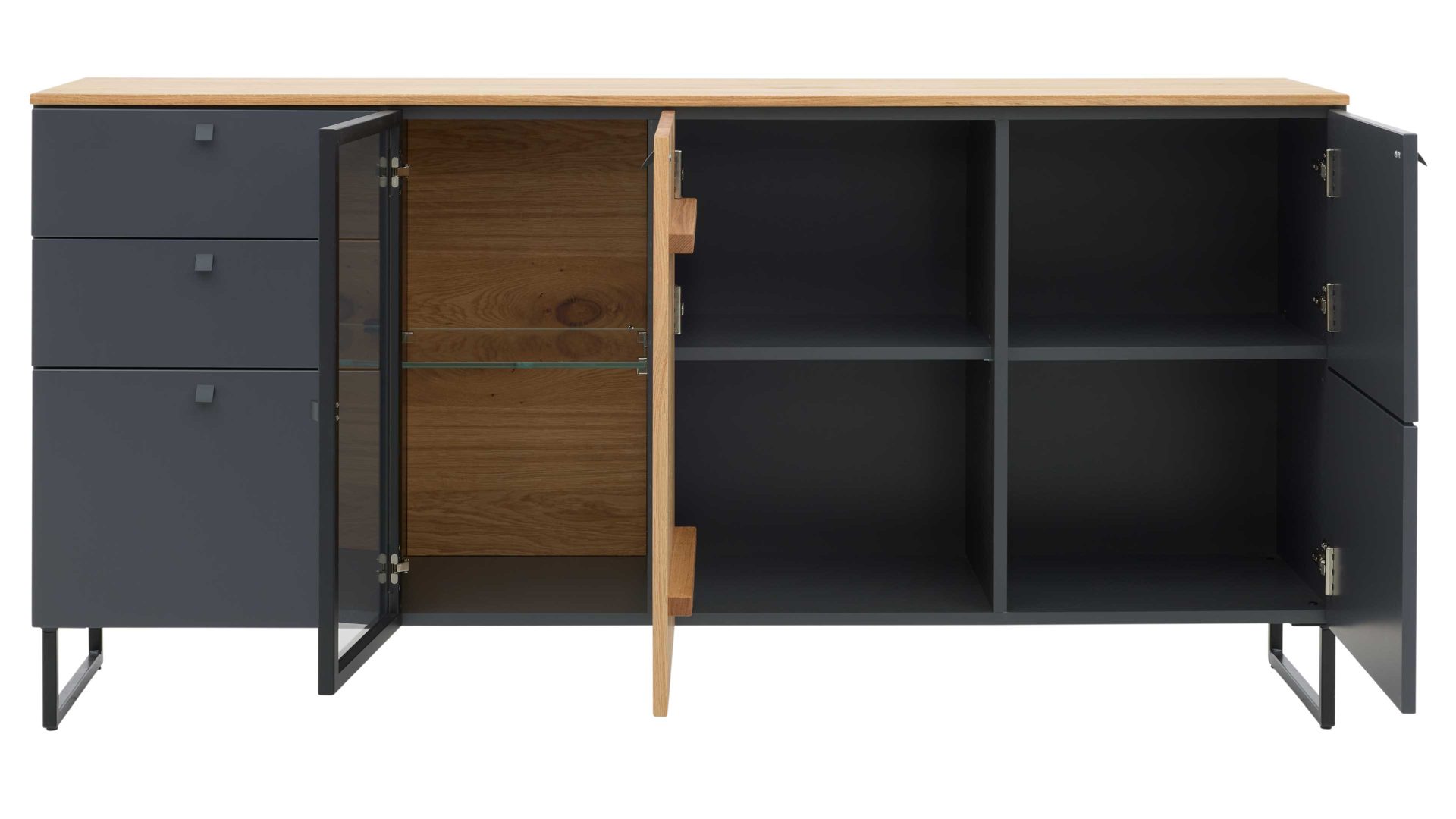 Sideboard Interliving aus Holz in Dunkelgrau Interliving Esszimmer Serie 5605 – Sideboard 5704 quarzgrauer Lack & Charakter-Eiche - drei Türen, drei Schubladen, Breite ca. 183 cm