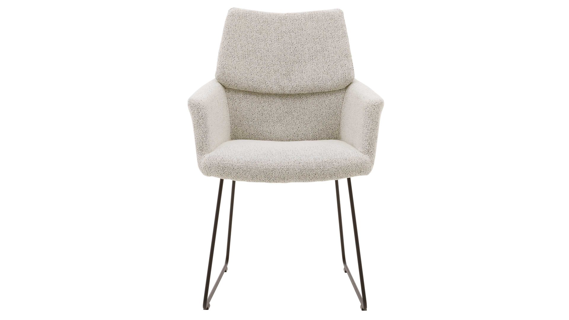 Polsterstuhl Interliving aus Stoff in Weiß Interliving Esszimmer Serie 5118 – Armlehn-Kufenstuhl champagnerfarbener Bouclé Elegant wish E07 & mattschwarzes Eisen