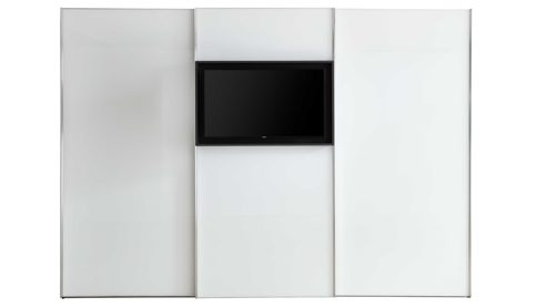 Kleiderschrank Staud aus Glas in Weiß STAUD Schwebetürenschrank Media Flat mit TV-Nische Alpinweiß & Vulkan – drei Türen, Breite ca. 336 cm