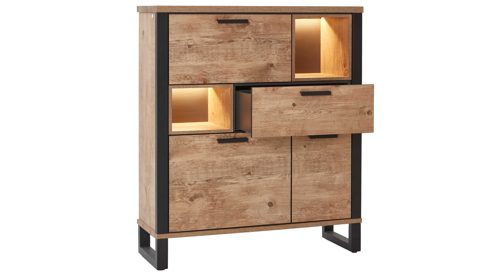 Highboard WOODS & TRENDS aus Holz in Holzfarben WOODS & TRENDS Esszimmer Serie Perth - Highboard Scheunenholz & Schwarz - drei Türen, eine Schublade, Breite ca. 120 cm