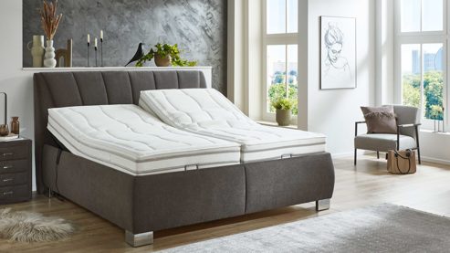 Boxspringbett comfortmaster besser sitzen, liegen, leben aus Stoff in Anthrazit Comfortmaster OC-PB23155 - Boxspringbett mit motorischen Lattenrahmen anthrazitfarbene Mikrofaser Billie – Liegefläche ca. 200 x 200 cm