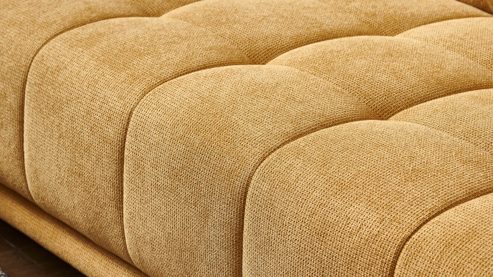 Ecksofa KAWOO aus Stoff in Gelb KAWOO Serie 7587 - Ecksofa mit Kopfpolsterverstellung gelbgoldene Chenille XBO 05 & schwarze Metallfüße - Stellfläche ca. 207 x 301 cm