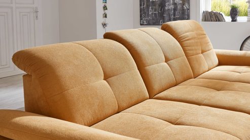 Ecksofa KAWOO aus Stoff in Gelb KAWOO Serie 7178 - Ecksofa bzw. Polsterecke mit Funktionen goldgelbe Chenille XBO 05 – Stellfläche ca. 300 x 203 cm