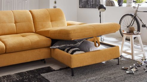 Ecksofa KAWOO aus Stoff in Gelb KAWOO Serie 7178 - Ecksofa bzw. Polsterecke mit Funktionen goldgelbe Chenille XBO 05 – Stellfläche ca. 300 x 203 cm
