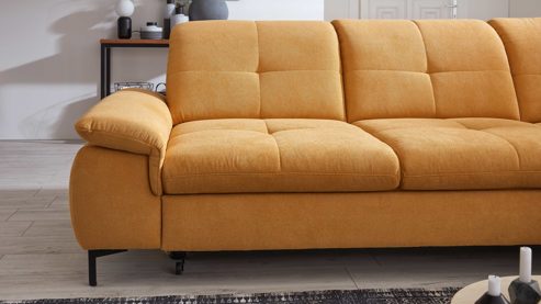 Ecksofa KAWOO aus Stoff in Gelb KAWOO Serie 7178 - Ecksofa bzw. Polsterecke mit Funktionen goldgelbe Chenille XBO 05 – Stellfläche ca. 300 x 203 cm