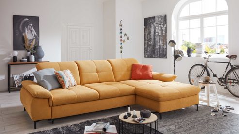Ecksofa KAWOO aus Stoff in Gelb KAWOO Serie 7178 - Ecksofa bzw. Polsterecke mit Funktionen goldgelbe Chenille XBO 05 – Stellfläche ca. 300 x 203 cm