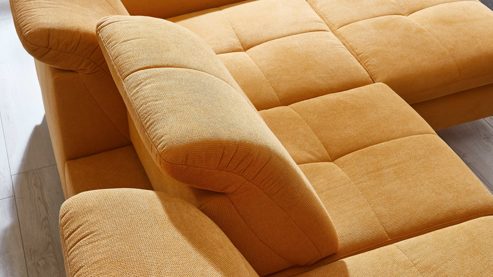 Ecksofa KAWOO aus Stoff in Gelb KAWOO Serie 7178 - Ecksofa bzw. Polsterecke mit Funktionen goldgelbe Chenille XBO 05 – Stellfläche ca. 300 x 203 cm