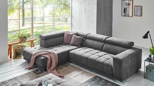 Ecksofa KAWOO aus Stoff in Anthrazit KAWOO Serie 7587 - Ecksofa bzw. Polstermöbel anthrazitfarbene Chenille XBO 9 – Stellfläche ca. 207 x 301 cm