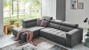 Ecksofa KAWOO aus Stoff in Anthrazit KAWOO Serie 7587 - Ecksofa bzw. Polstermöbel anthrazitfarbene Chenille XBO 9 – Stellfläche ca. 207 x 301 cm